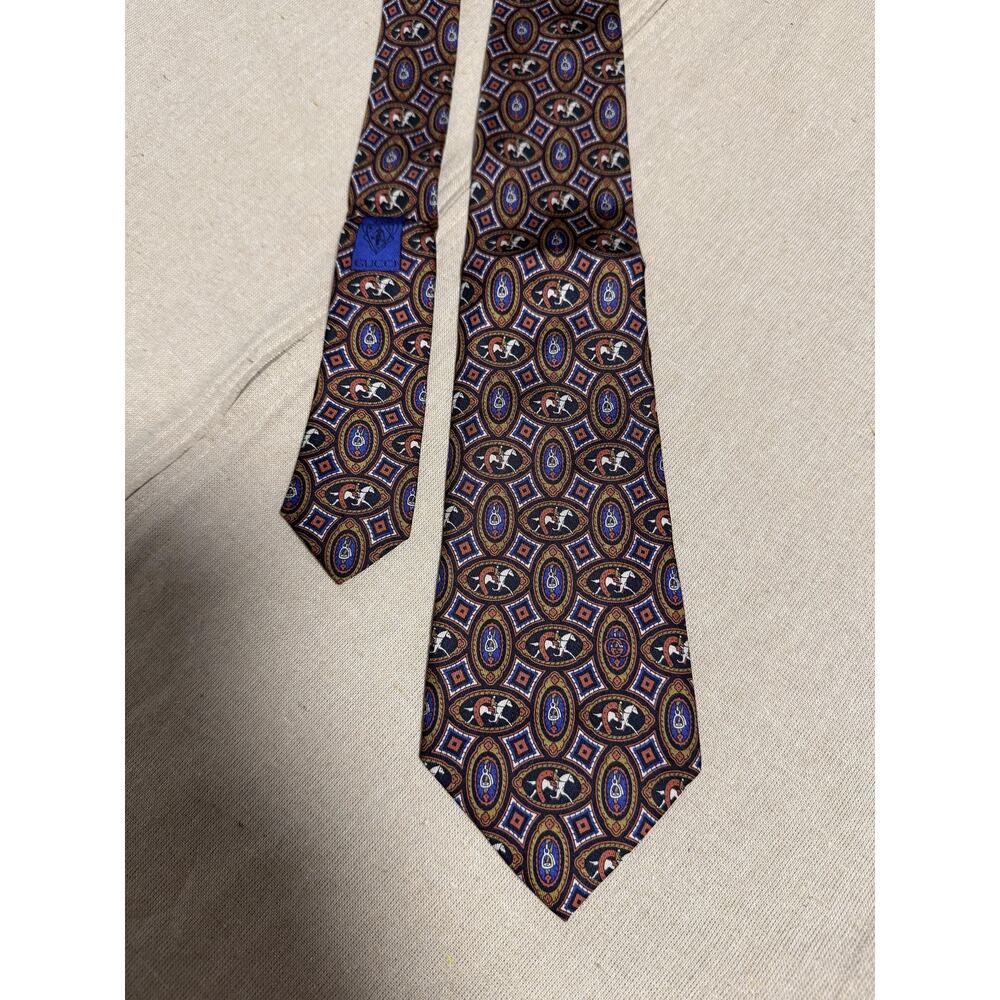 Vintage Gucci Tie Mens Silk Made in Italy Equestrian Medallion Horse Print 90s